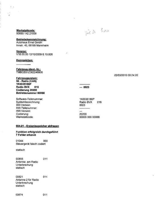 Diagnoseprotokoll RCD 300, Seite 1